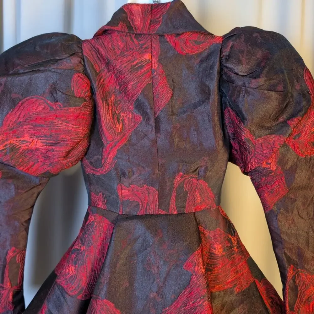 Vintage 80s Issabeau Girls Brocade Party Coat Dress Red Black Jacquard Fit Flare